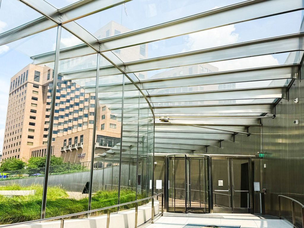 Glass entrance doors on a commercial building
