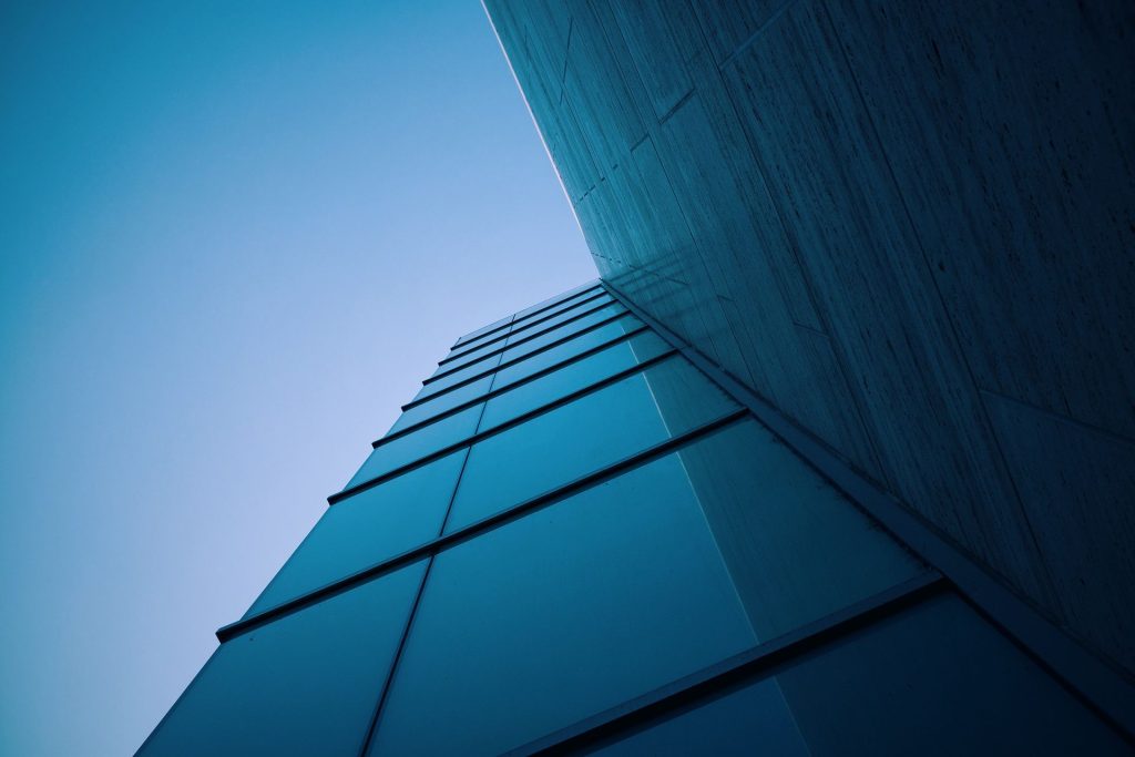 Glass curtain wall on a commercial building