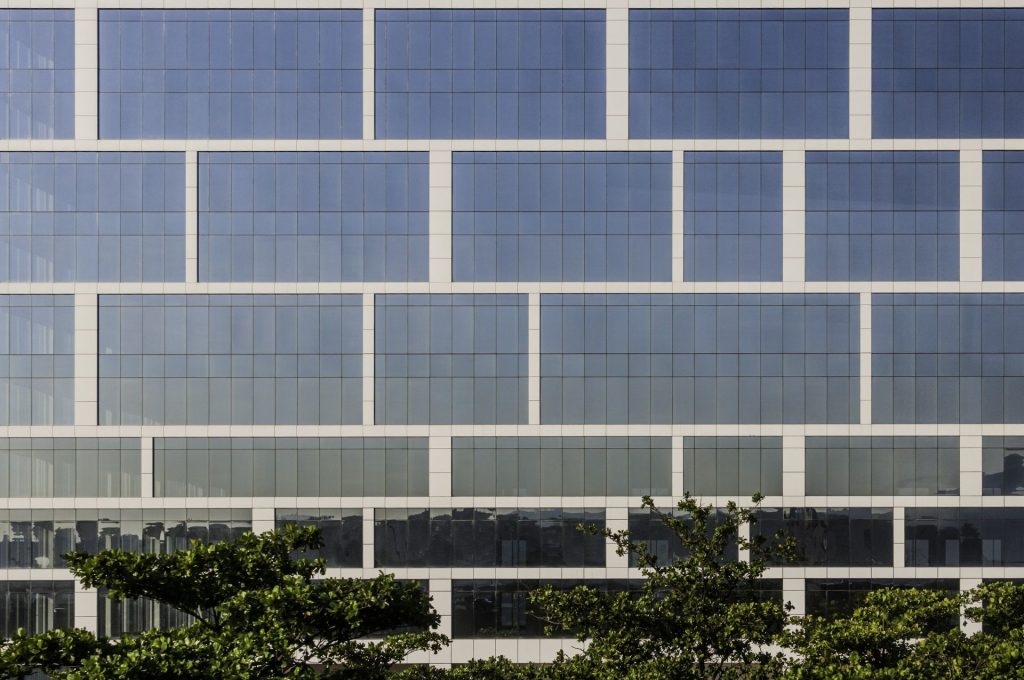 Glass curtain wall on a commercial building