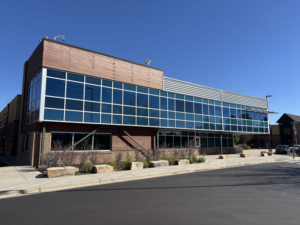 Glass curtain wall on a commercial building