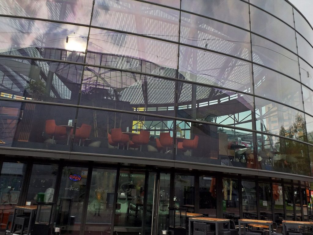 Glass curtain wall on a commercial building