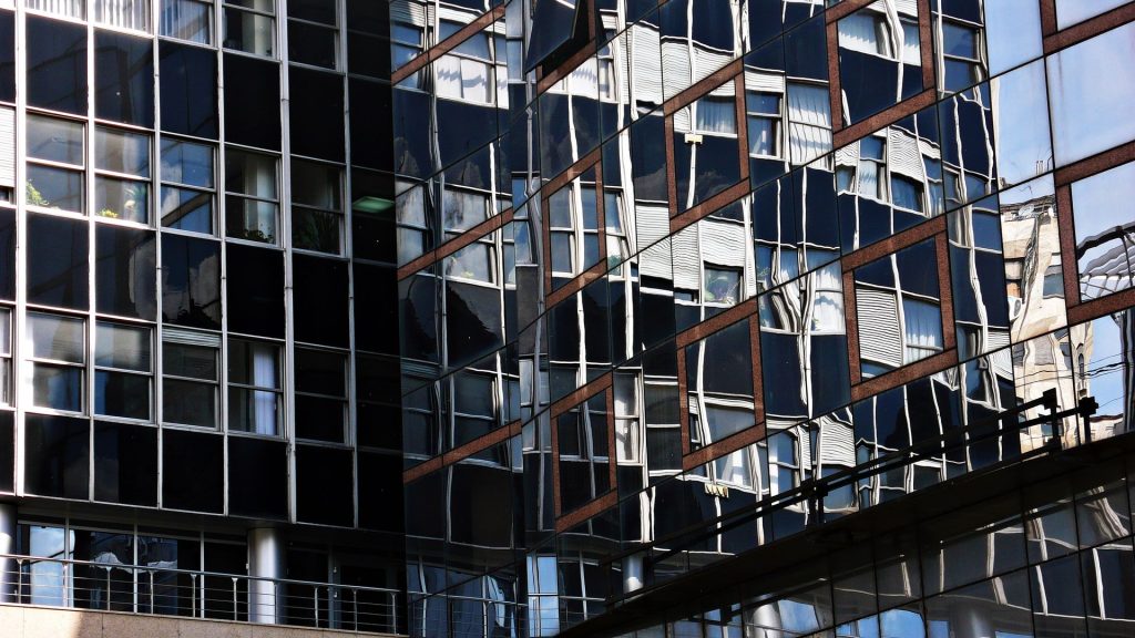 Glass curtain wall on a commercial building